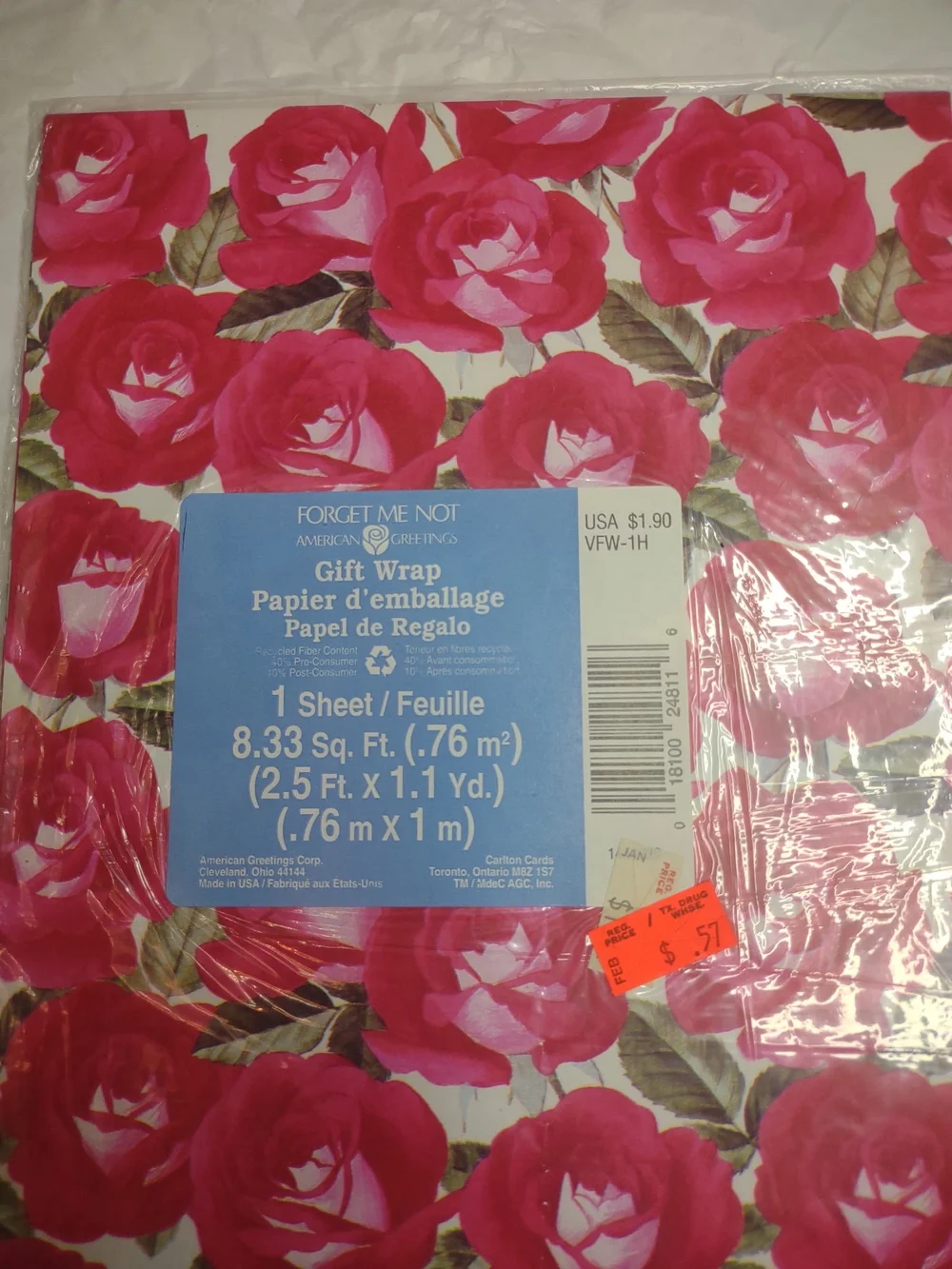 Pink Rose Gift Wrap Sheet - American Greetings
